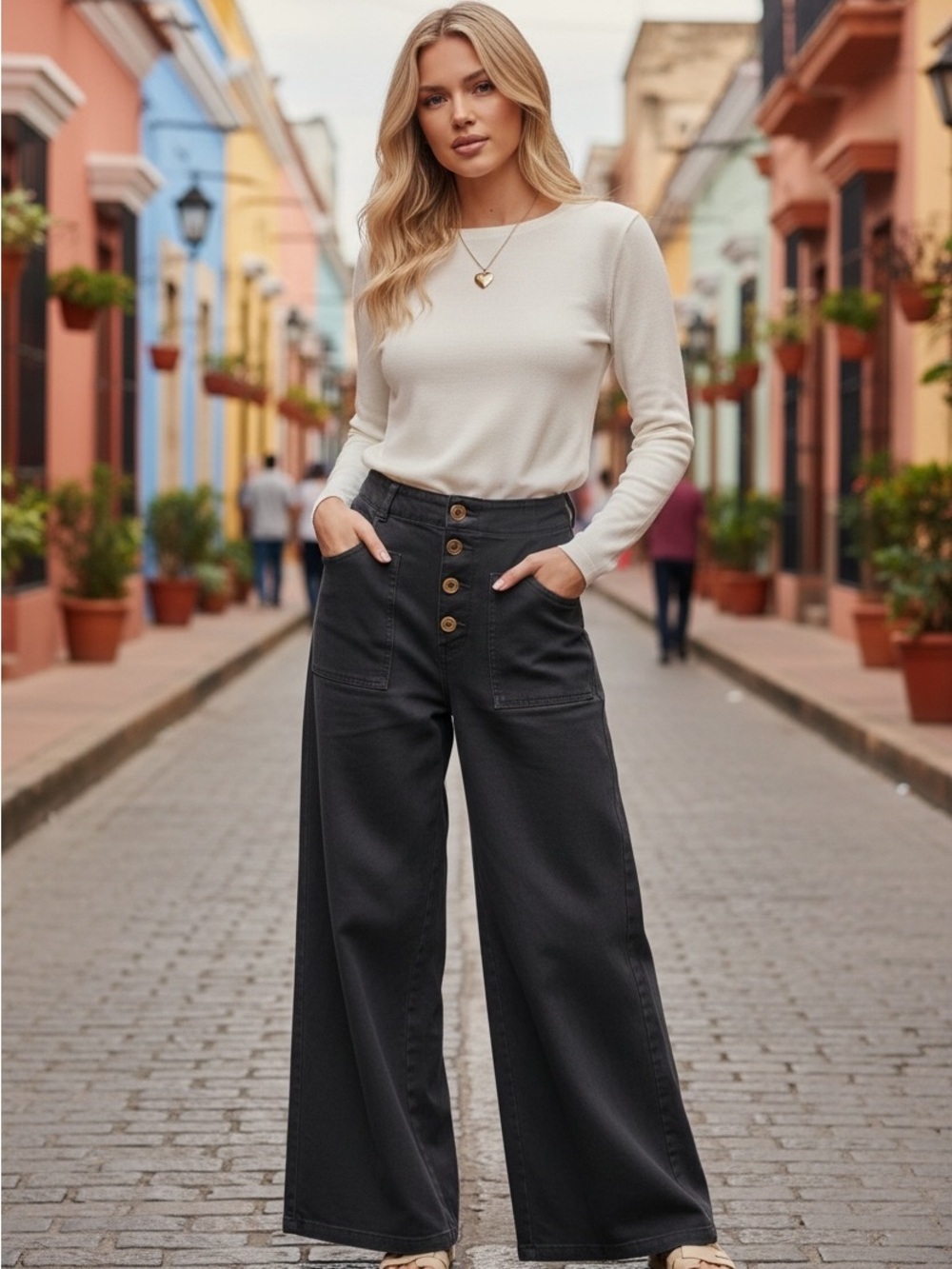 Halara Black Wide Leg Pants Size S High Rise Button Front NWT